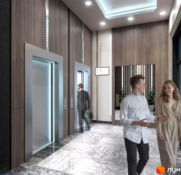 Інтер'єр холу Житлового комплексу Uzh Towers з ліфтами та людьми. Оздоблення виконано в сірих та коричневих тонах.