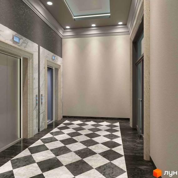 Інтер'єр холу в ЖК Uzh Towers з ліфтами та чорно-білою плиткою на підлозі. Світлі стіни та стеля з точковим освітленням.