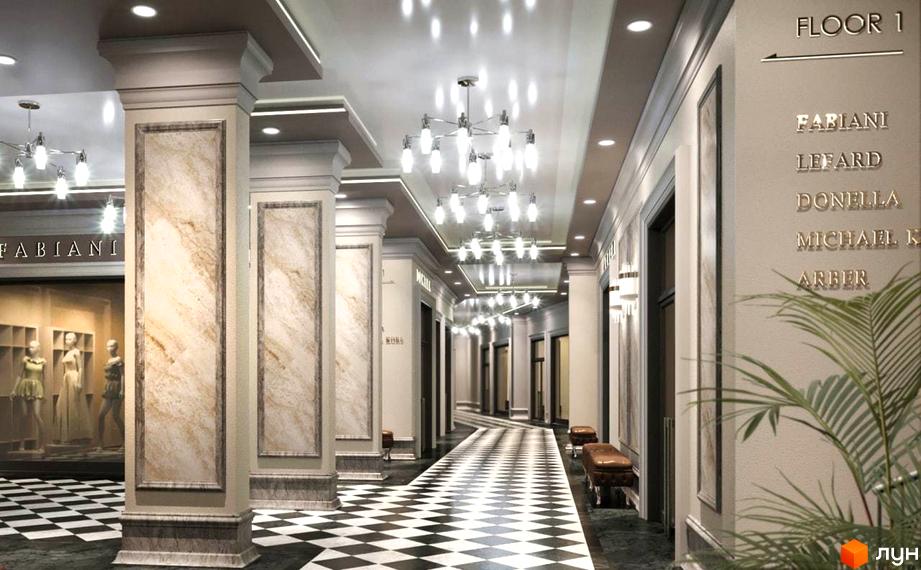 Просторий хол Житлового комплексу Uzh Towers з мармуровими колонами та чорно-білою шаховою підлогою.