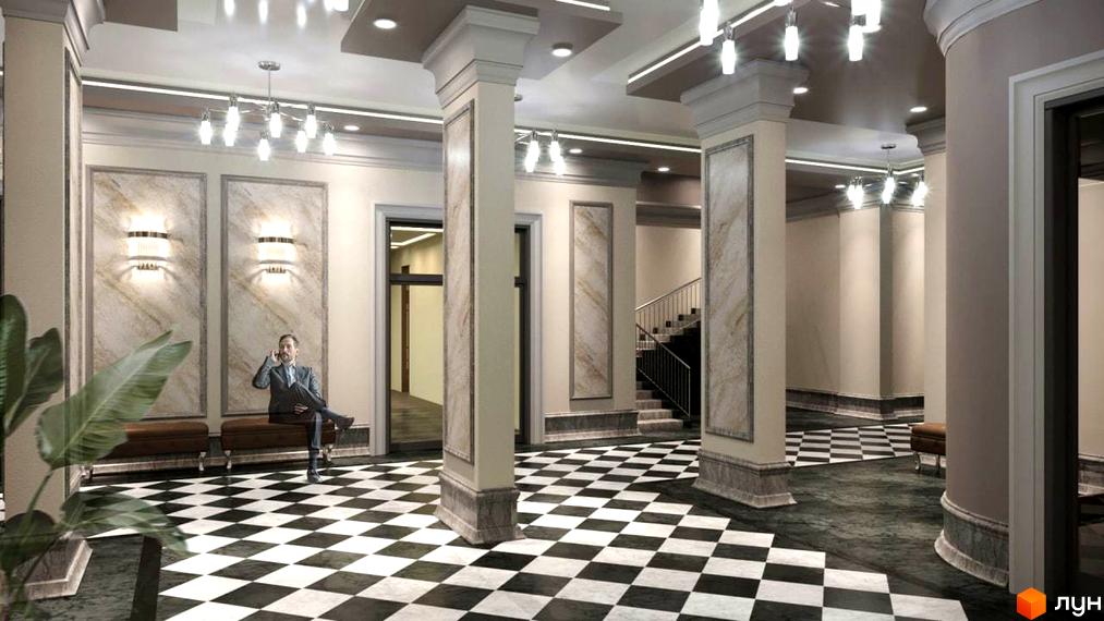 Інтер'єр холу Житлового комплексу Uzh Towers з чорно-білою шаховою підлогою, колонами та освітленням.