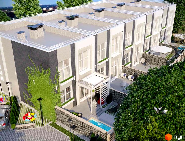 Таунхауси Bodrum з чотирма поверхами, білою та сірою обробкою, великими вікнами та плоскими дахами. На прибудинковій території є басейн, зелені насадження та дитячий майданчик.