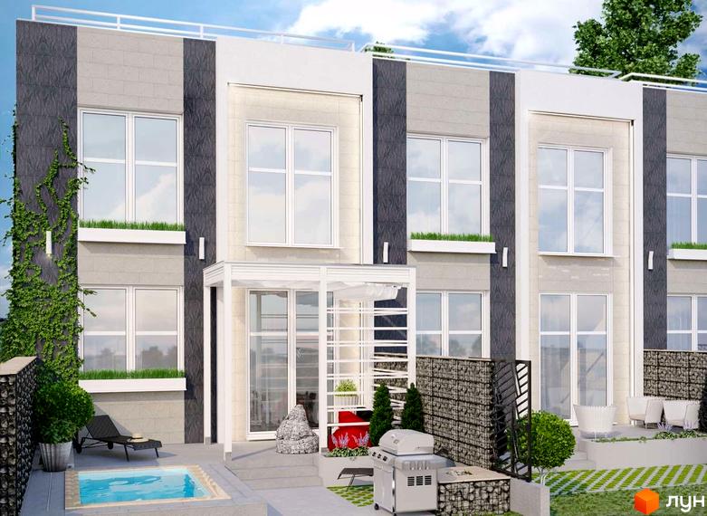 Таунхауси Bodrum з великими вікнами, балконами та басейном. Прибудинкова територія з зоною барбекю та зеленими насадженнями.