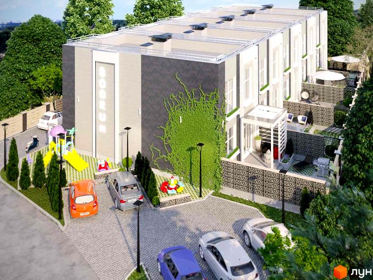 Таунхауси Bodrum: двоповерхові будинки з білими фасадами, сірими вставками та зеленню. Прибудинкова територія з парковкою, дитячим майданчиком та зонами відпочинку.