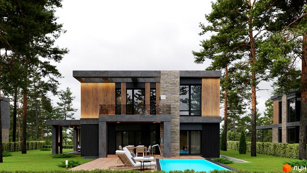 Котеджне містечко КМ 9 ЕЛЕМЕНТІВ. Сучасний двоповерховий будинок з дерев'яним фасадом, великими вікнами та басейном на доглянутій зеленій ділянці з деревами.