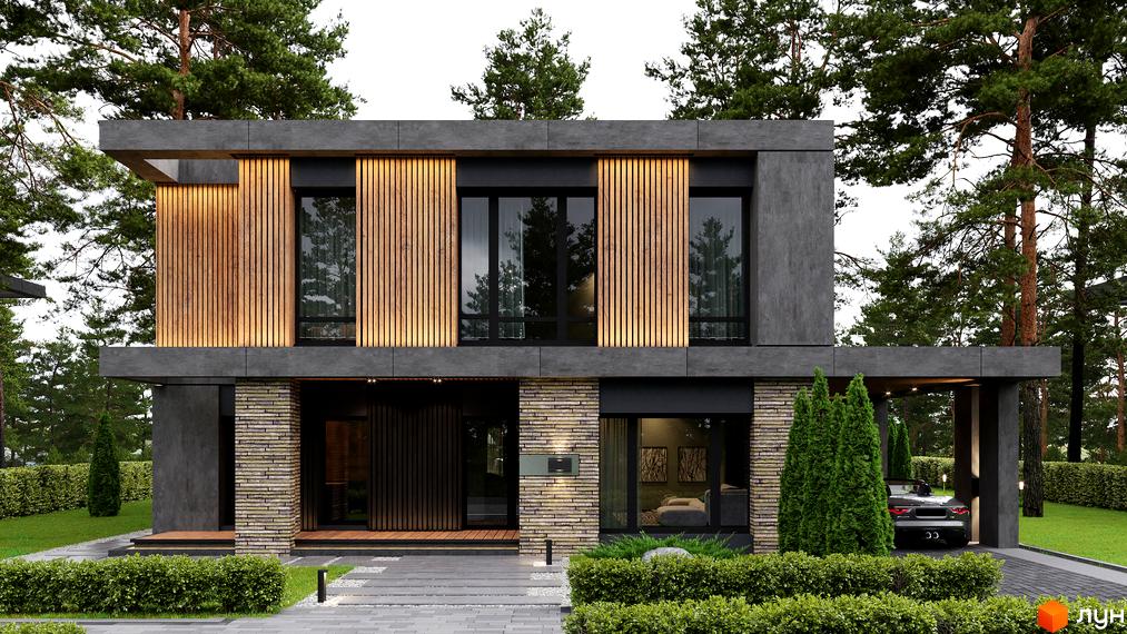 Котеджне містечко 9 ЕЛЕМЕНТІВ. Двоповерховий будинок з темним фасадом, дерев'яними вертикальними панелями та цегляною кладкою, з доглянутим газоном та деревами.