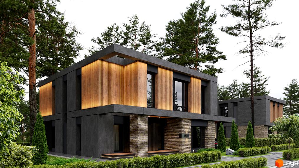 Котеджне містечко КМ 9 ЕЛЕМЕНТІВ. Сучасні двоповерхові будинки з темними фасадами, дерев'яними вставками та підсвіткою, розташовані серед зелені та сосен.