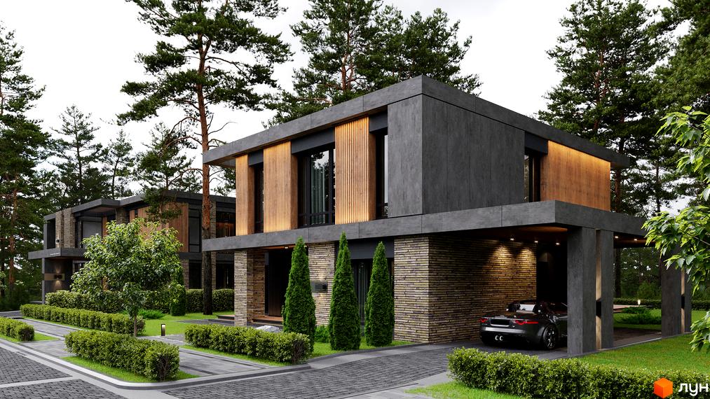 Котеджне містечко КМ 9 ЕЛЕМЕНТІВ: двоповерхові будинки з сірим фасадом, дерев'яними елементами та цегляною кладкою. Прибудинкова територія з акуратними кущами та доглянутим газоном.