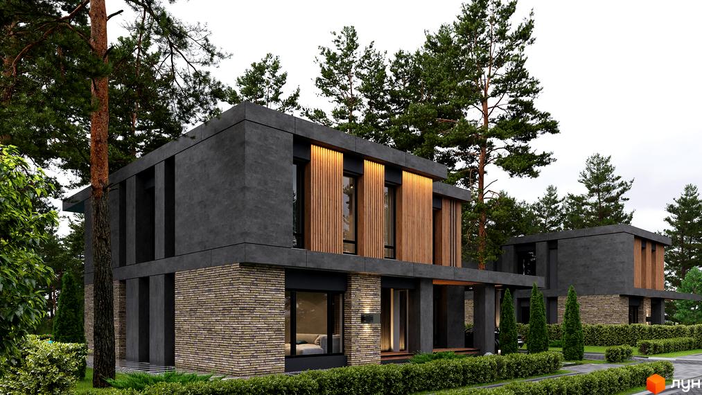 Котеджне містечко КМ 9 ЕЛЕМЕНТІВ: двоповерхові будинки з сірим фасадом, цегляною обробкою та дерев'яними елементами. Навколо зелені насадження та доглянута територія.