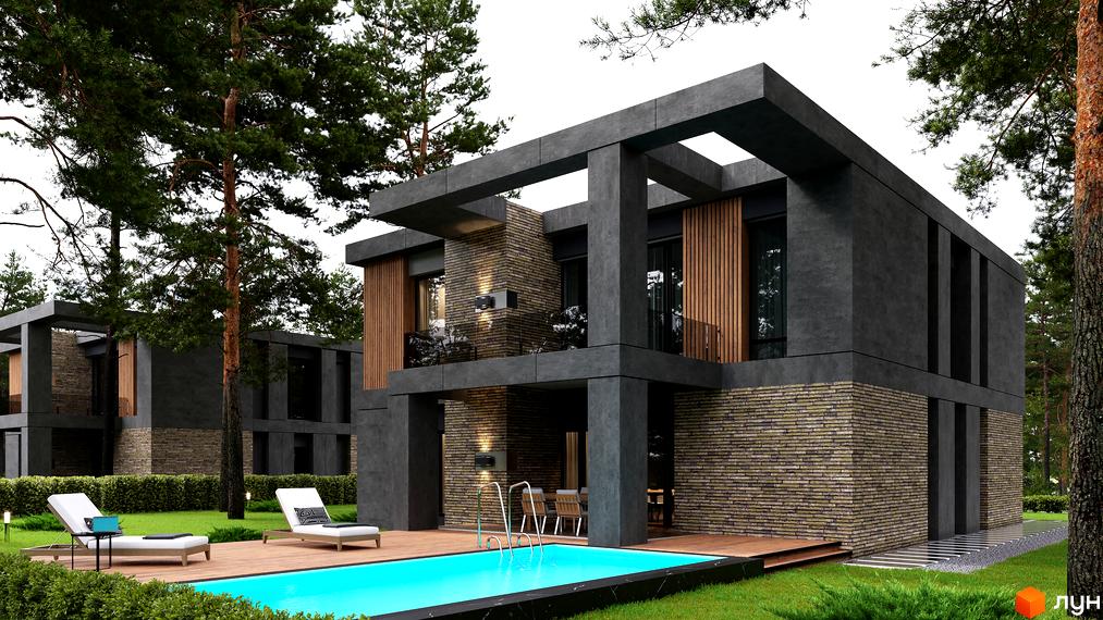 Котеджне містечко 9 ЕЛЕМЕНТІВ: двоповерховий будинок з темно-сірим фасадом та цегляними вставками, басейн з терасою та зелений газон.