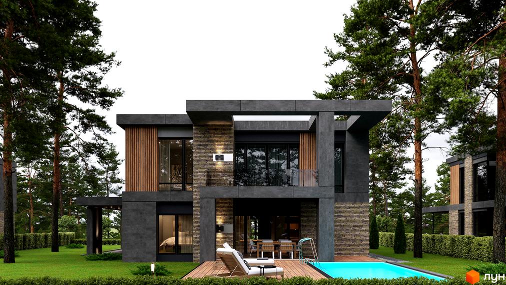 Котеджне містечко КМ 9 ЕЛЕМЕНТІВ. Сучасний двоповерховий будинок з цегляним фасадом, великими вікнами та басейном на дерев'яній терасі.