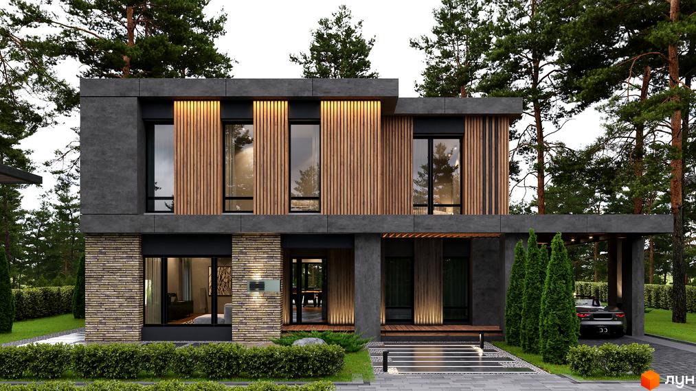 Котеджне містечко КМ 9 ЕЛЕМЕНТІВ: двоповерховий будинок з дерев'яними та кам'яними елементами фасаду, великими вікнами та навісом для автомобіля. Навколо будинку доглянутий газон, зелені насадження та дерева.