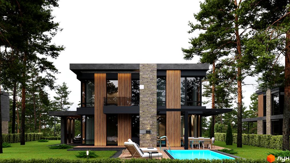 Котеджне містечко 9 ЕЛЕМЕНТІВ: двоповерховий будинок з темним фасадом та дерев'яними панелями, басейн і зелений газон.