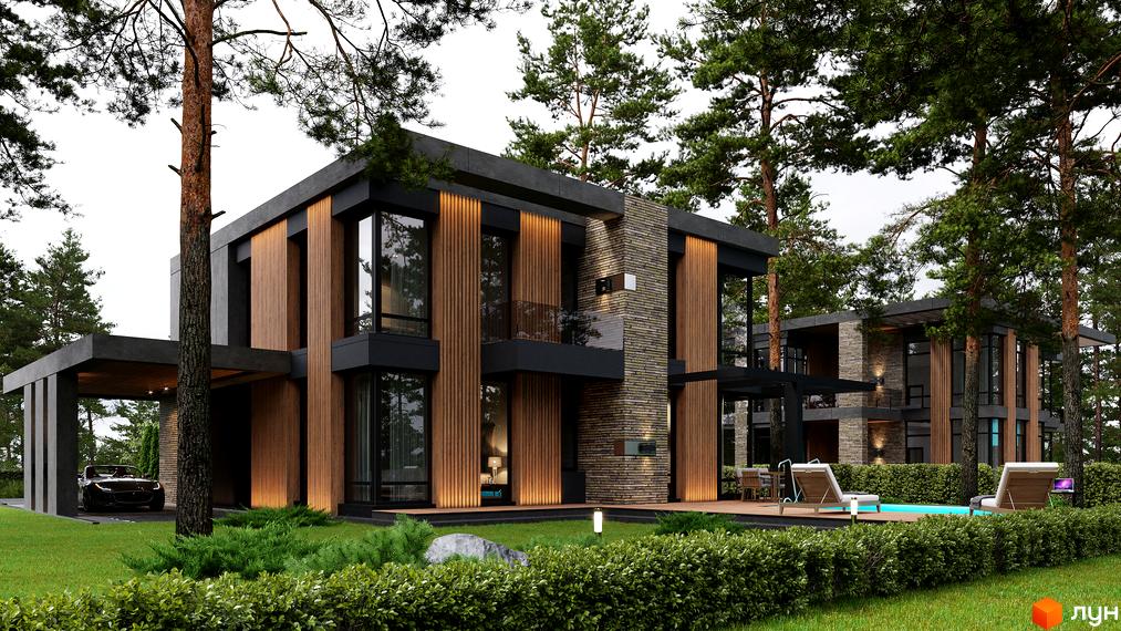 Котеджне містечко КМ 9 ЕЛЕМЕНТІВ. Триповерхові будинки з дерев'яними панелями та великими вікнами, басейн та лаунж-зона на території.