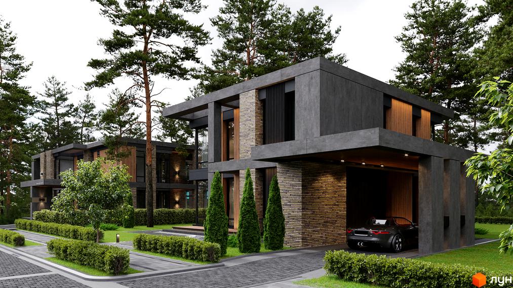 Котеджне містечко КМ 9 ЕЛЕМЕНТІВ: екстер'єр будинку з цегляним та сірим оздобленням, панорамними вікнами, прибудинкова територія з доглянутими кущами та деревами.