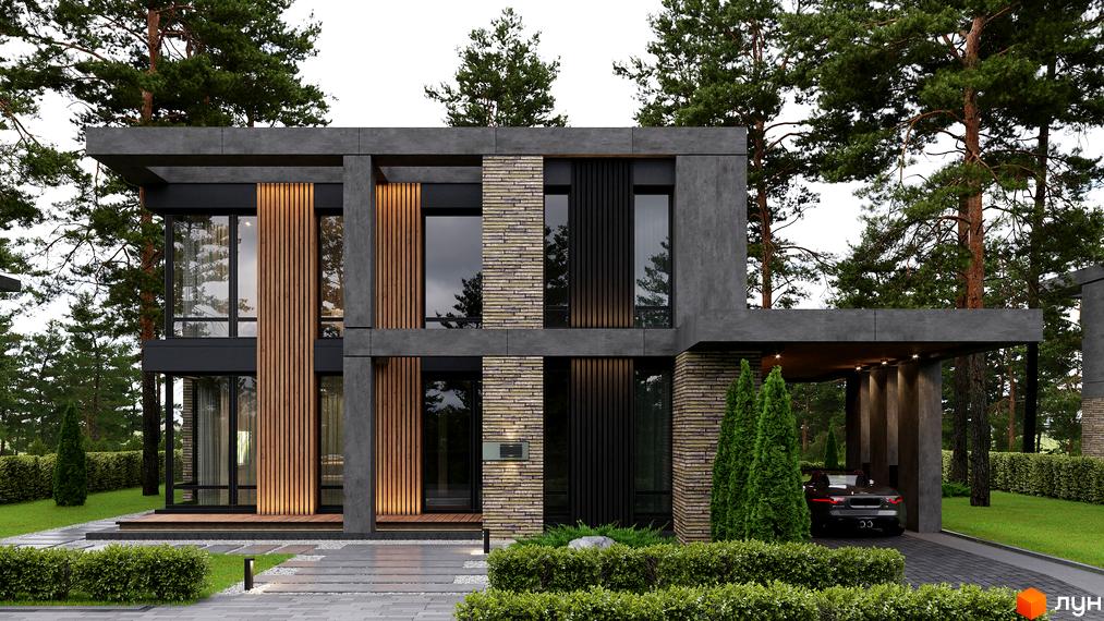 Котеджне містечко 9 ЕЛЕМЕНТІВ: будинок з темно-сірим фасадом, великими вікнами, дерев'яними та цегляними вставками. Прибудинкова територія з газоном та соснами.