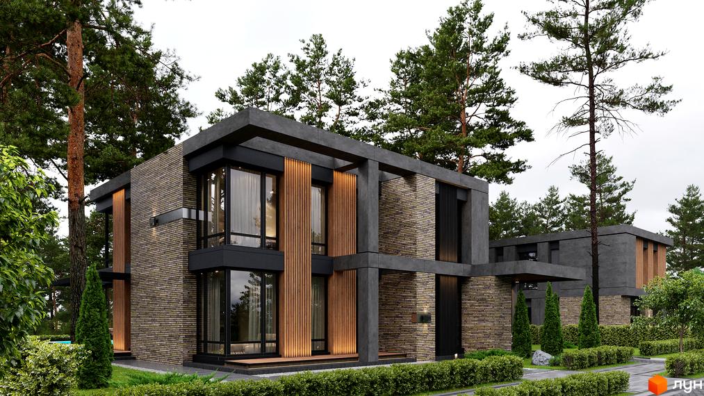 Будинок Котеджного містечка 9 ЕЛЕМЕНТІВ з темно-сірим каркасом, цегляними стінами та великими вікнами. Територія має доглянутий газон, кущі та сосни.