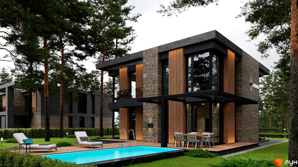 Котеджне містечко 9 ЕЛЕМЕНТІВ: двоповерховий будинок з темною цеглою, дерев'яними панелями та великими вікнами. На території басейн, газон та сосни.