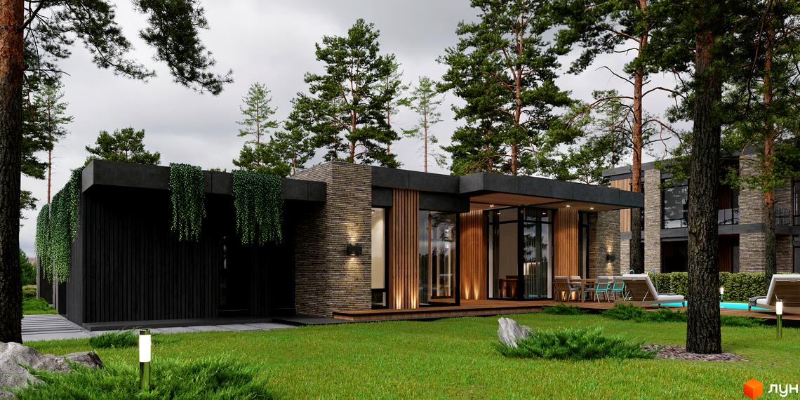 Котеджне містечко КМ 9 ЕЛЕМЕНТІВ: одноповерховий будинок з чорною та цегляною обробкою, великими вікнами та зеленню, з басейном та зоною відпочинку на задньому дворі.