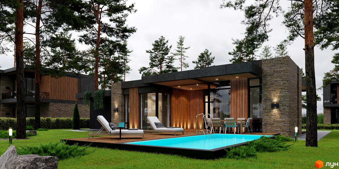 Котеджне містечко 9 ЕЛЕМЕНТІВ: Будинок з цегли, дерева, великі вікна. Навколо басейн на терасі, зелений газон та сосни.