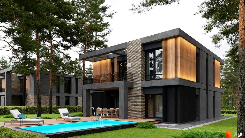 Котеджне містечко 9 ЕЛЕМЕНТІВ: будинок з темним фасадом, дерев'яними панелями та великими вікнами. На ділянці є басейн, шезлонги та зелений газон з хвойними деревами.