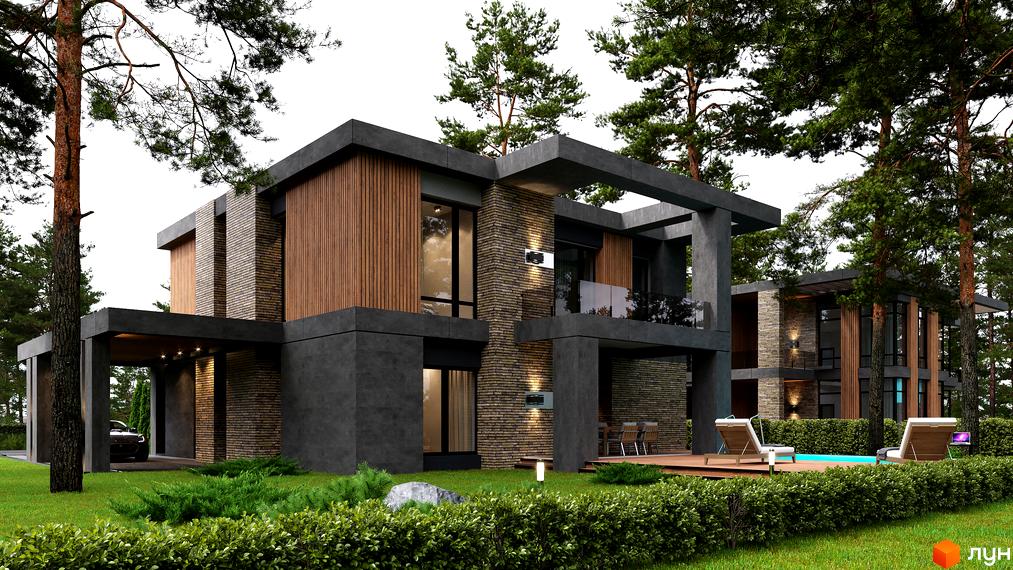 Котеджне містечко 9 ЕЛЕМЕНТІВ: Будинок з темними фасадами, дерев'яними вставками та панорамними вікнами. Прилегла територія з газоном, басейном та соснами.