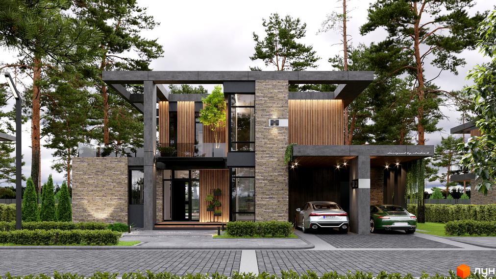 Котеджне містечко КМ 9 ЕЛЕМЕНТІВ. Сучасний двоповерховий будинок з цегляним фасадом, дерев'яними елементами та великими вікнами, розташований серед сосен з доглянутою прибудинковою територією та автомобілями.