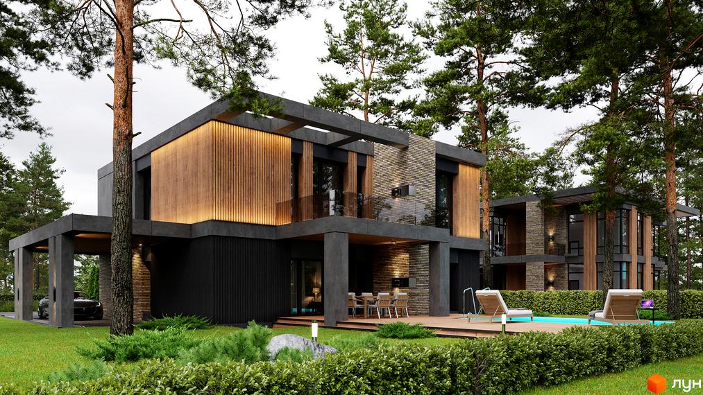 Котеджне містечко КМ 9 ЕЛЕМЕНТІВ – це двоповерхові будинки з дерев'яними та цегляними фасадами, великими вікнами та басейнами. Навколо будівель розташовані зелені газони, дерева та кущі.