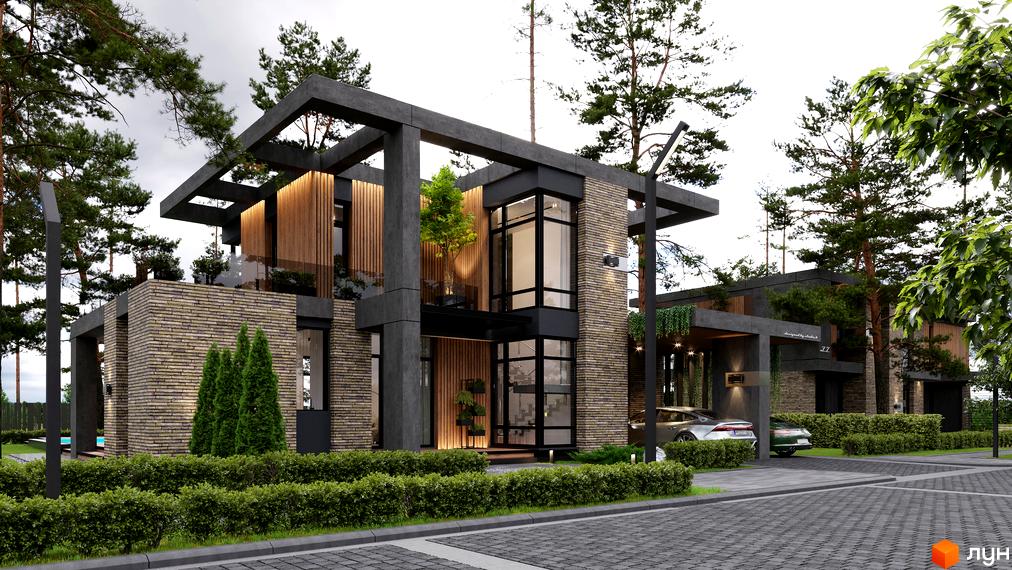 Котеджне містечко КМ 9 ЕЛЕМЕНТІВ. Фасад будинку оздоблений цеглою та деревом, з великими вікнами та бетонними елементами. Територія навколо будинку доглянута, з кущами та деревами.