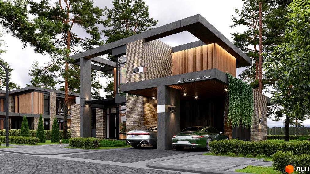 Котеджне містечко КМ 9 ЕЛЕМЕНТІВ: двоповерховий будинок з цегляним фасадом, великими вікнами та навісом для двох автомобілів. Навколо будинку доглянутий газон та зелені насадження.