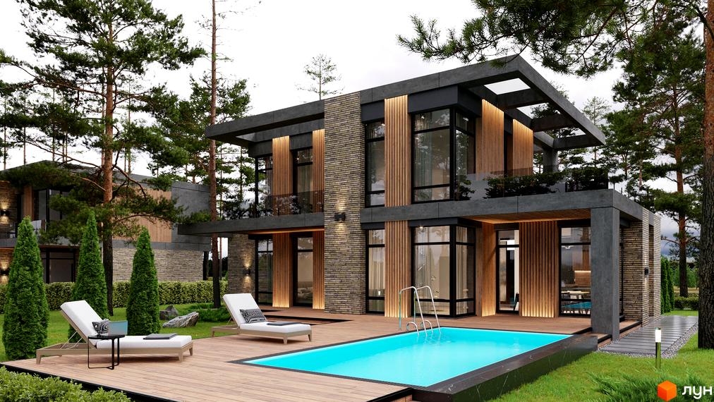 Котеджне містечко КМ 9 ЕЛЕМЕНТІВ: двоповерховий будинок з великими вікнами, дерев'яними елементами та цегляним оздобленням, біля басейну з шезлонгами та зеленим газоном.