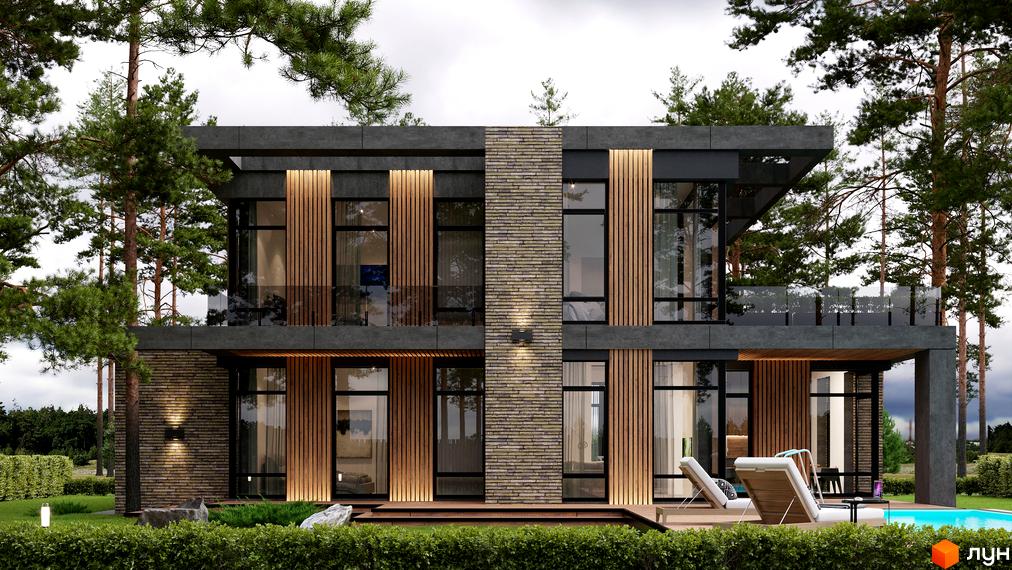 Двоповерховий будинок Котеджного містечка 9 ЕЛЕМЕНТІВ з темним фасадом, дерев'яними панелями та великими вікнами. Навколо зелений газон, сосни та басейн.