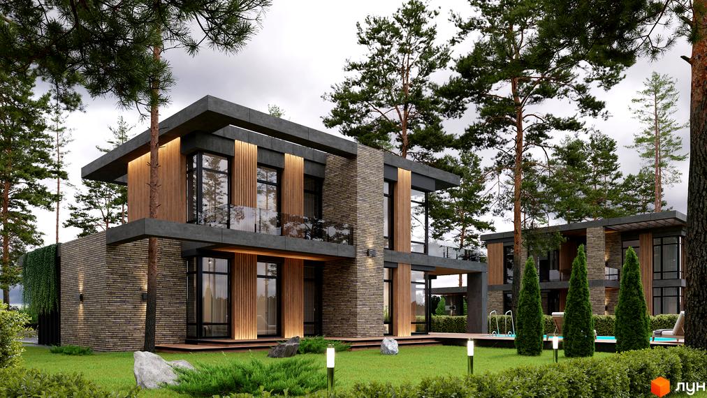 Котеджне містечко КМ 9 ЕЛЕМЕНТІВ: двоповерхові будинки з цегляним та дерев'яним оздобленням, великими вікнами та басейнами. Навколо будівель доглянутий газон та зелені насадження.