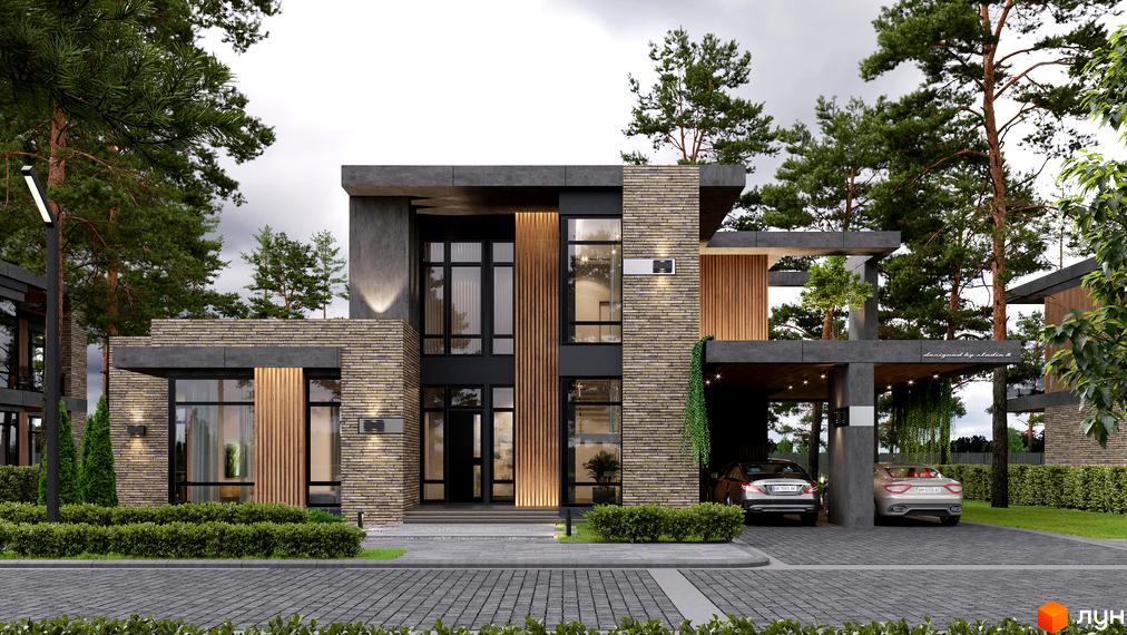 Котеджне містечко КМ 9 ЕЛЕМЕНТІВ: двоповерховий будинок з цегляним фасадом, великими вікнами та навісом для двох автомобілів. Навколо будинку доглянутий газон та зелені насадження.