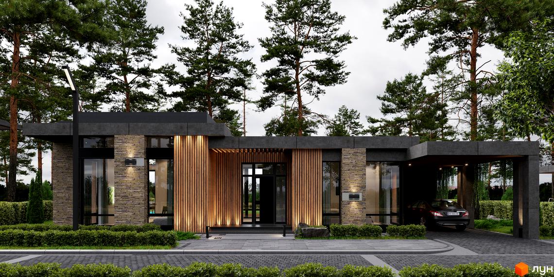 Котеджне містечко КМ 9 ЕЛЕМЕНТІВ: одноповерховий будинок з цегляним фасадом, дерев'яними елементами та навісом для авто. Навколо будинку зелені насадження та дерева.