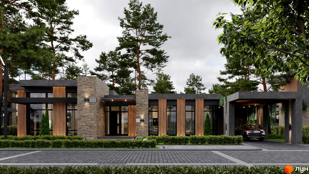 Котеджне містечко КМ 9 ЕЛЕМЕНТІВ має цегляний фасад та дерев'яні елементи, з автомобілем під навісом та доглянутим ландшафтом.