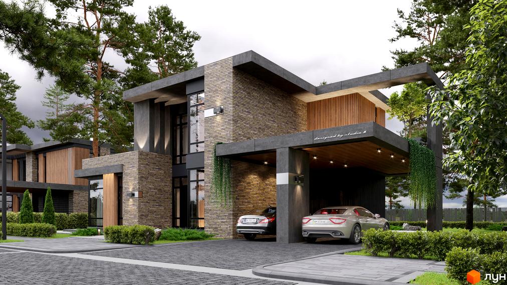 Котеджне містечко 9 ЕЛЕМЕНТІВ: будинок з цегляними стінами, великими вікнами та навісом для авто. Територія має бруковані доріжки та озеленення.