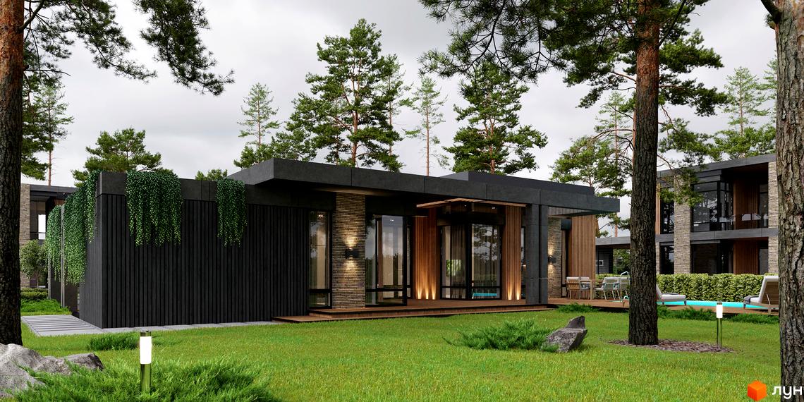 Будинок Котеджного містечка 9 ЕЛЕМЕНТІВ з темним фасадом, великими вікнами та дерев'яною терасою. Навколо зелений газон, високі сосни та басейн.