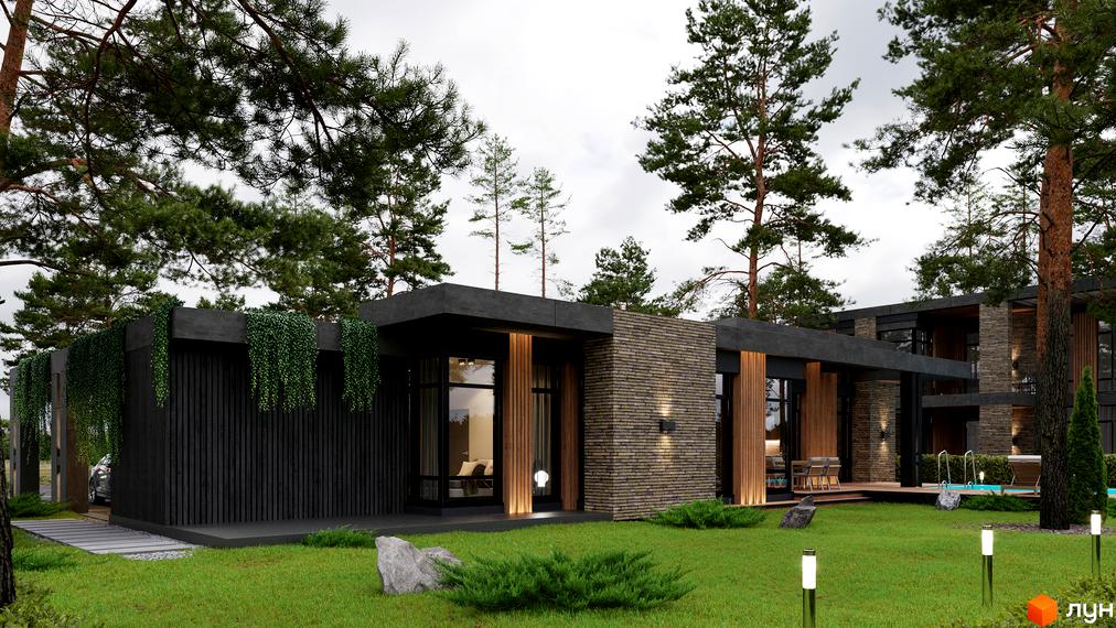 Котеджне містечко КМ 9 ЕЛЕМЕНТІВ. Сучасна архітектура будинку з цегляним фасадом, великими вікнами та зеленою прибудинковою територією з басейном.