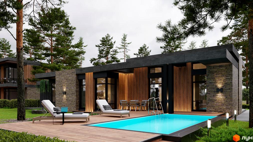 Котеджне містечко КМ 9 ЕЛЕМЕНТІВ з басейном та терасою. Будинок з цегляним фасадом та дерев'яними елементами, оточений соснами.