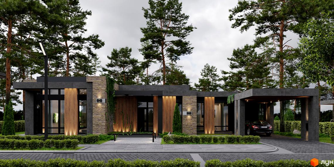 Котеджне містечко КМ 9 ЕЛЕМЕНТІВ: одноповерховий будинок з дерев'яними елементами та прибудинковою територією з деревами та кущами.