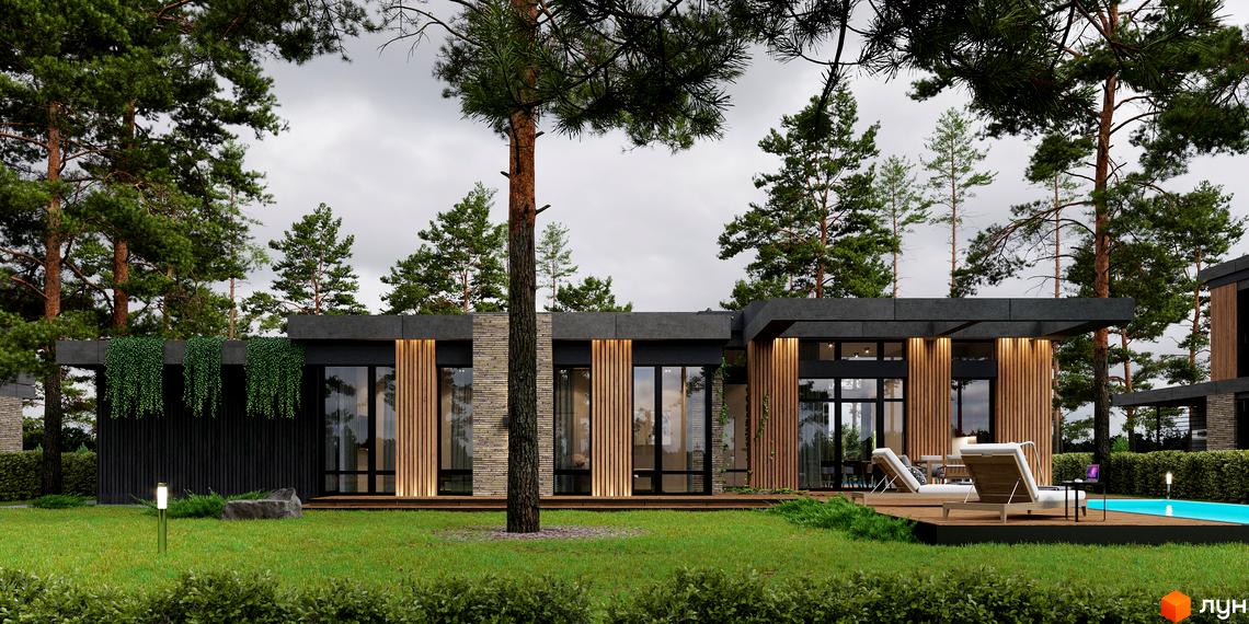 Котеджне містечко КМ 9 ЕЛЕМЕНТІВ. Сучасний одноповерховий будинок з панорамними вікнами та дерев'яними елементами фасаду, розташований на доглянутій галявині біля басейну.