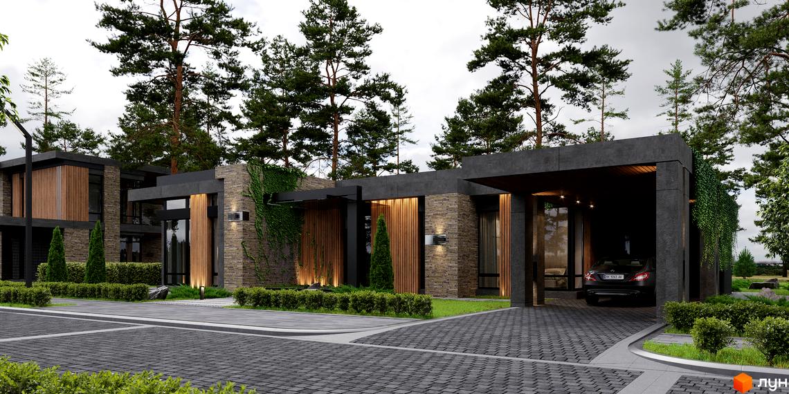 Котеджне містечко КМ 9 ЕЛЕМЕНТІВ. Зовнішній вигляд будинку з цегляним фасадом, дерев'яними елементами та зеленню. Прибудинкова територія з бруківкою та кущами.