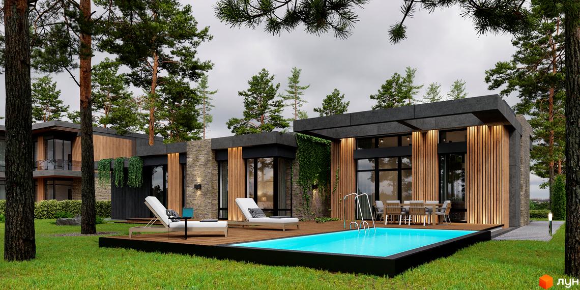 Котеджне містечко КМ 9 ЕЛЕМЕНТІВ: двоповерховий будинок з дерев'яним фасадом та басейном. Навколо будинку доглянутий газон та дерева.