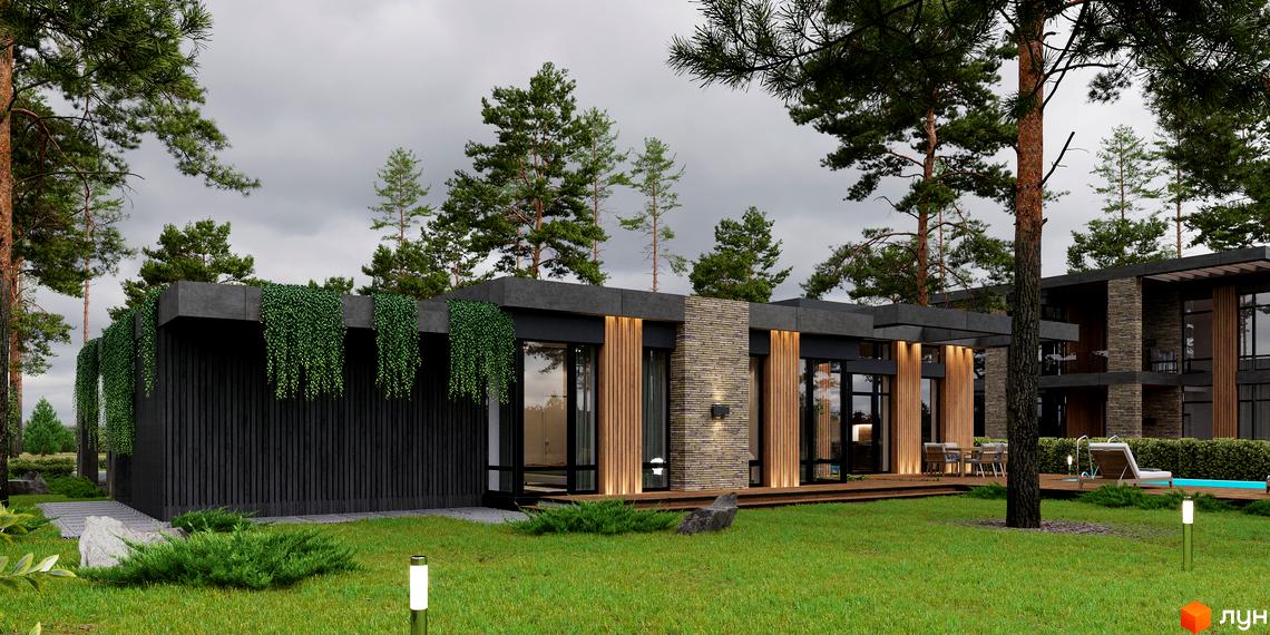 Котеджне містечко КМ 9 ЕЛЕМЕНТІВ має сучасний дизайн з дерев'яними та цегляними елементами фасаду, великими вікнами та зеленою зоною з басейном.