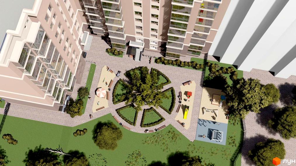 Зовнішній вигляд багатоповерхового будинку ЖК Прем'єр Хаус з балконами та вікнами. На прибудинковій території розташований дитячий майданчик та зона відпочинку з деревами.