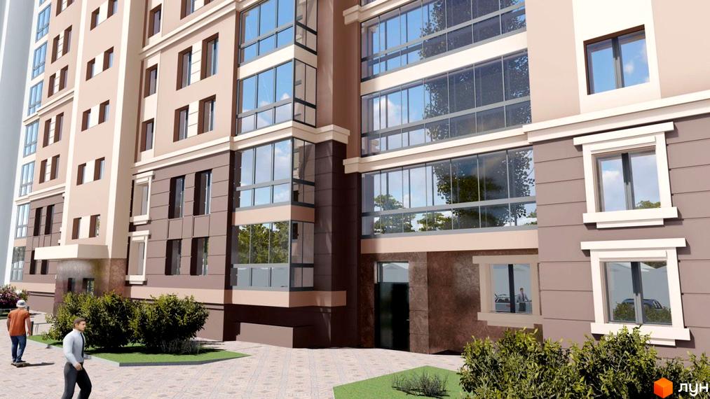 Зовнішній вигляд новобудови ЖК Прем'єр Хаус з великими вікнами та коричневими елементами фасаду. Прибудинкова територія з кущами та пішохідними доріжками.