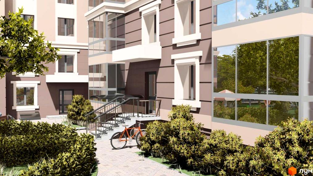 Зовнішній вигляд новобудови ЖК Прем'єр Хаус з великими вікнами та зеленими насадженнями навколо. Біля будинку розташована доріжка та велосипед.