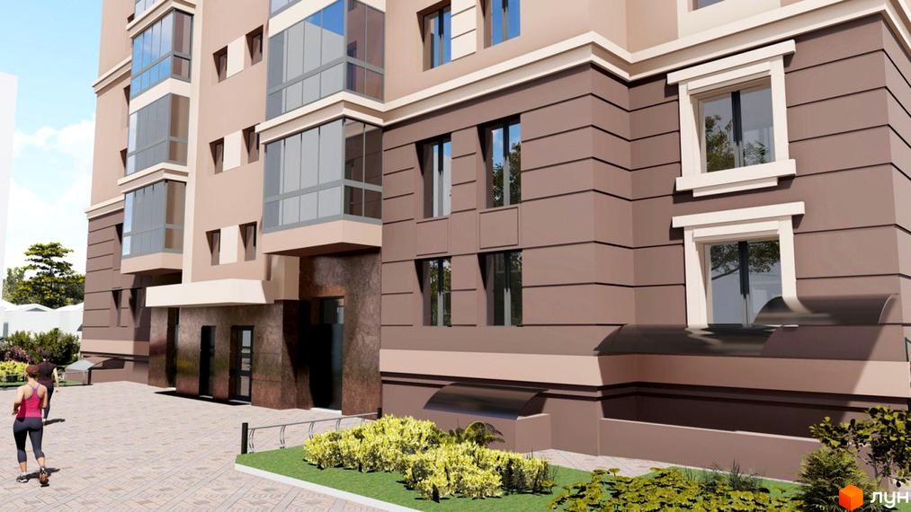 Зовнішній вигляд новобудови ЖК Прем'єр Хаус з коричневими та бежевими фасадами, великими вікнами та балконами. На прибудинковій території зелені насадження та бруківка.