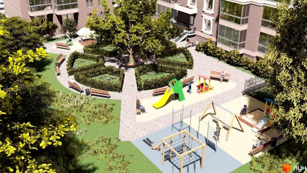 Житловий комплекс Прем'єр Хаус: фасади будівель та облаштований дитячий майданчик з гойдалками, гіркою та пісочницею. Зелена зона з лавками та деревами.
