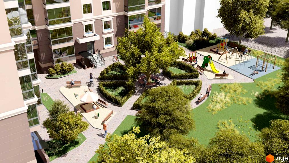 Житловий комплекс Прем'єр Хаус: фасади будівель з великими вікнами та затишний внутрішній двір з дитячим майданчиком та зонами відпочинку.